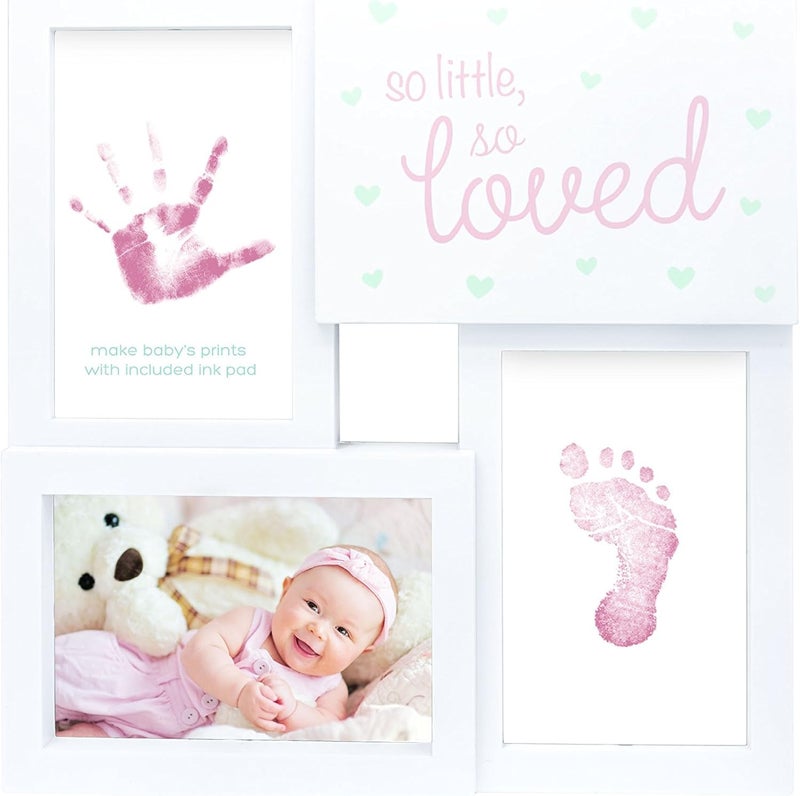 Tiny Ideas Baby Prints Collage Keepsake Frame With Included Ink Pad, Newborn Handprint And Footprint Nursery Decor, So Little So Loved, Pink/White - Image 1